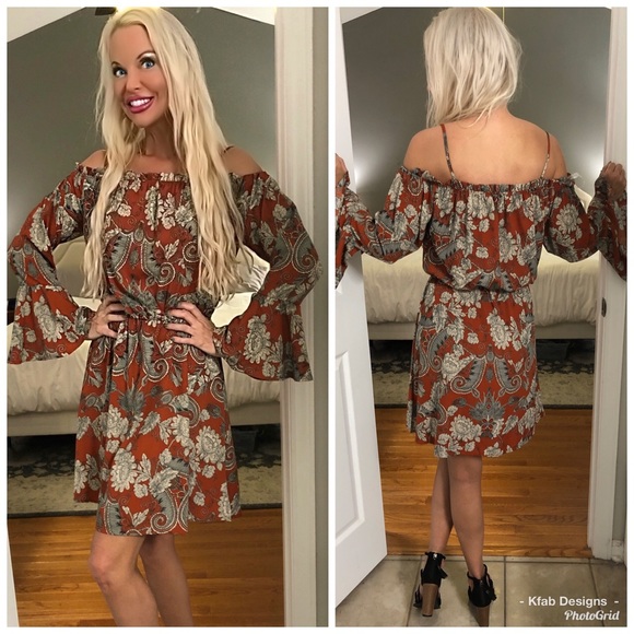 ❤️ LAST 1! Rust off shoulder bell sleeve dress - Picture 4 of 4